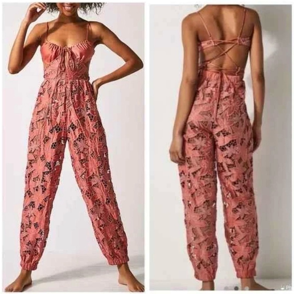 NWOT FREE PEOPLE intimately meet me in bali satin crochet sheer jumpsuit L